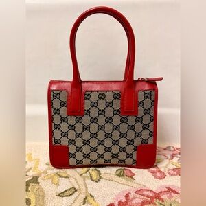 Vintage GUCCI GG Canvas Top Handle Small Bag - Red/Brown/Black Interior